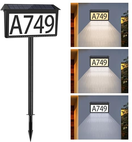 Nazuwke Solar Address Sign, House Numbers for Outside Light Up, 3 Colors Waterproof LED Illuminated Numbers With Stake, Wall Mounted/In Ground Plaque for House