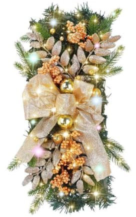 HADAVAKA Decorazioni per Ringhiera di Natale, Ghirlanda per Scale, Ghirlanda di Natale con Luci (Senza Batteria), Ornamenti Appesi A Parete, per La Decorazione delle Scale delle Feste (Gold)