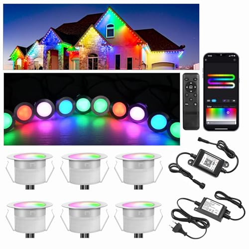 6er WIFI RGB+IC Bodeneinbaustrahler Aussen, Ø31mm 12V LED Mini Spot Einbaustrahler, Bodeneinbauleuchten für Treppenbeleuchtung, IP67 Wasserdicht, APP Steuerbar, Kompatibel mit Alexa Google Home