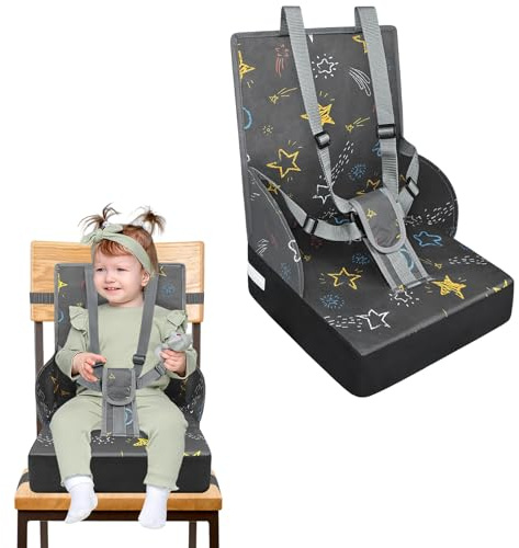 NAIZY sittupphöjningsstol barn barnstolshöjning sittdyna med fällbart ryggstöd och trepunktssäkerhetsbälte, svampar boostersäte för stolhöjning barn baby mat stol, grå
