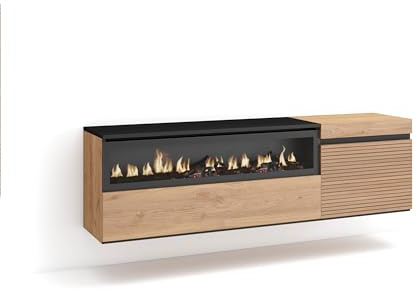 Skraut Home | TV-Schrank, Lowboard | für Wohnzimmer und Esszimmer | 150x45x35cm | Für TV-Geräte bis zu 65 | Elektrokamin. | Hängend | Moderner Stil | Eiche