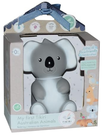 Tikiri 8594207 Naturkautschuk Rassel in Geschenkbox, Koala, Babyrassel, Badespielzeug, für Babys und Kinder ab 0+ Monaten
