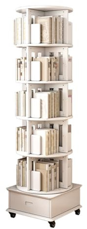 360° drehbares Bücherregal mit Rollen und Schubladen, schmales Eckregal aus Holz, Organizer für kleine Räume, Schlafzimmer, Weiß, 6 Ablagen, 18,7 x 18,7 x 72,8 cm