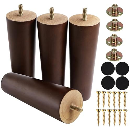 Yaliuliu 6 Inches Round Solid Wood Furniture Legs Set of 4, Brown Wooden Replacement Feet with Threaded 5/16'' Hanger Bolts for Sofa, Couch, Armchair, Cabinet, TV Stand, Ottoman and Dresser