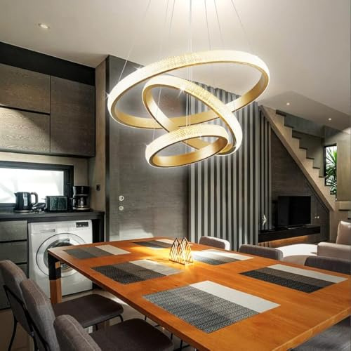 Kristall-Moderne Kronleuchter für Esszimmer, Lichtgerät Gold 3 Ringe LED-Kronleuchter für Kücheninselbeleuchtung, dimmschaltbar mit Fernbedienung, Deckenhängende Moderne LED-Pendant Light in Gold