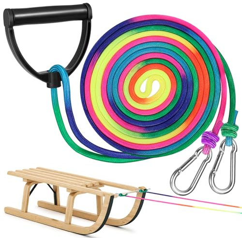 Draupnir 4m Schlittenseil mit Griff, Premium Schlittenseil Zugseil, Extra Lang Schlittenseil Durchmesser 8 mm mit 2 Karabiner, Regenbogen Farbe, Schlitten Leine für Schlitten und Rodel im Winter