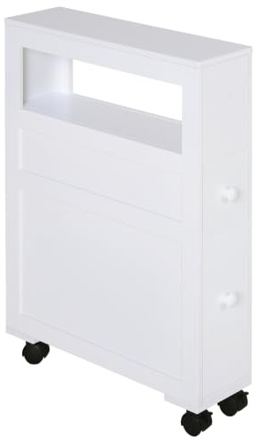 HOMCOM Meuble de Rangement de Salle de Bain sur Roulette, Armoire WC Toilettes étroit, avec étagère Ouverte et 2 tiroirs, Charge 20 kg, 16 x 52 x 71,5 cm, Blanc