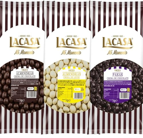 Lacasa Mi Momento pack 3kg bolas: Pasas de Corinto con chocolate Negro,Almendra con chocolate Negro,Almendra con chocolate Blanco