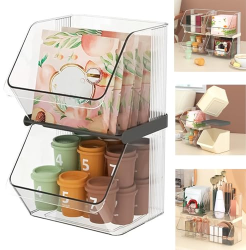 QUSHEJIAND Organiseur de dosettes de café en acrylique à 2 niveaux empilables - Boîte de rangement multifonction pour dosettes de café - Tiroirs pour cuisine, maison, bureau (transparent)