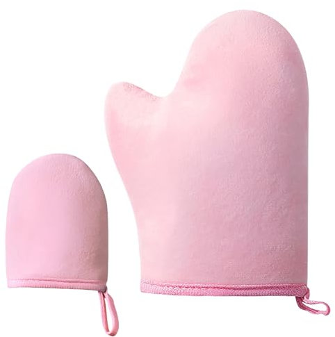 2 Pezzi Guanto Autoabbronzante per Viso e Corpo, Mitt per Crema e Spray Abbronzante, Olio Corpo-Rosa