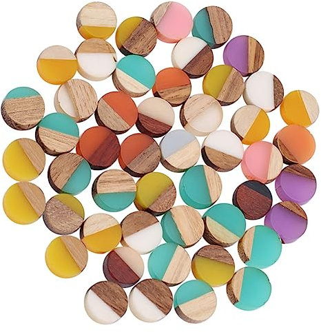 CIMAXIC 50stücke Holz Mit Harz-cabochons Flach Runder Geometrischer Diamant Holz-cabochons Materialien Zur Herstellung Von Halsketten Und Armbändern