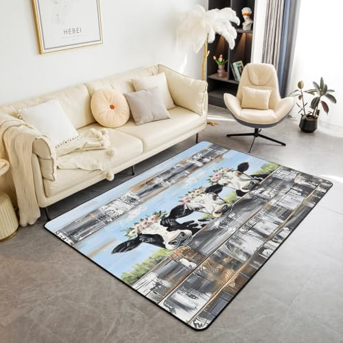 Loussiesd Alfombra de interior con diseño de vaca lechera, 150 x 200 cm, bonita alfombra de área de animales de granja, alfombra de sala de estar