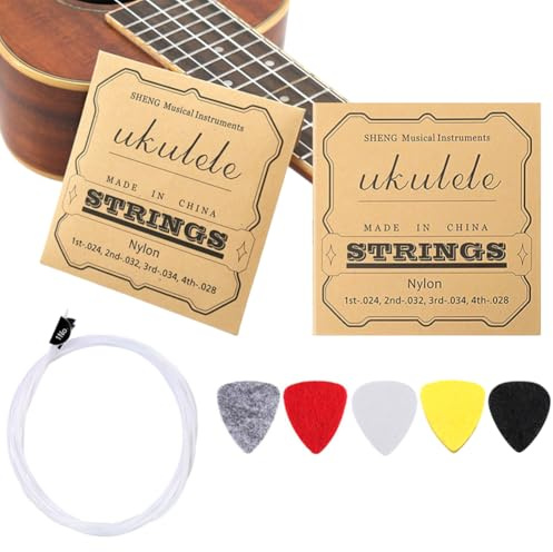 Juego de 2 cuerdas de ukelele de nailon blanco con 5 púas de fieltro en forma de corazón, kit de accesorios de repuesto para soprano (21 pulgadas), concierto (23 pulgadas), tenor (26 pulgadas)