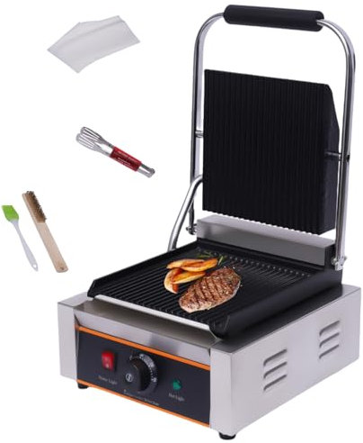 ROGONPDK 1800W Elektrischer Kontaktgrill Kochplatte Grill Profi | Profi Sandwich-Pressegrill Edelstahl Temperaturbereich: 50-300°C | Elektrischer Tischgrill mit Öl-Pinsel, Reinigungsbürste