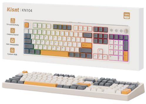 Teclado mecánico inalámbrico, 104 teclas, 100 % tamaño completo con teclado numérico, sonido cremoso montado en junta, intercambio en caliente, perilla y teclas multimedia, Bluetooth/2.4GHz/USB-C para
