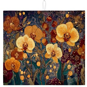 Orchid Dish Drying Mats For Kitchen Counter, Vintage Golden Floral Absorbent Dish Drainer Mat, Microfiber Drying Pad For Coffee Bar 16x18 Inch