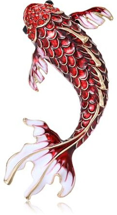 Enamel Lucky Koi Fish Carp Brooch Pin For Women Men Chinese Style Statement Vintage Gradient Red Blue Colors Flowing Tail Lifelike Scales Lapel Clothing Accessory (Red)