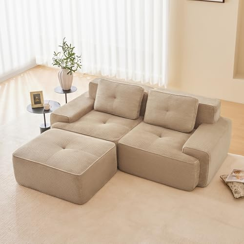 Modulares Cord Sofa L-förmiges Ecksofa Schlafsofa mit Ottoman Hocker Wohnzimmer Couch mit Komfort & Tiefsitz-Unterstützung, Ohne Montage 32D Hochelastische Schaum Boneless Sofa (Hellkhaki, 2-Sitzer+1)