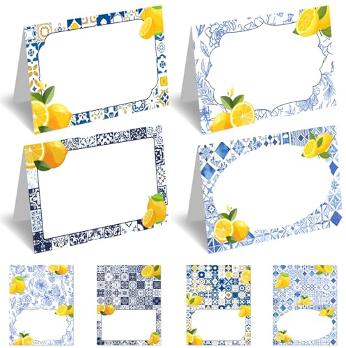 48Pcs Capri Lemon Themed Place Cards Set - Amalfi Coast & Lemon Party Decor for Weddings, Dinner Parties, Bridal Showers - 4 Designs, Premium Paper Placecards Food Label for Easy Folding & Display