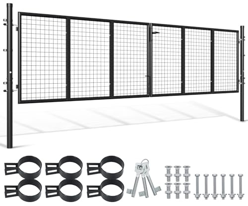 Peviasot Portail de jardin à double battant, 350 x 100 cm, en métal, avec poignée, serrure et 3 clés, porte de jardin robuste pour porte de clôture, portail de cour, portail de clôture, anthracite