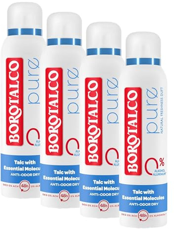 Borotalco Pure Natural – Spray corporal – 48 horas de eficacia – Talc with Essential Moléculas – Fórmula contra el sudor y los olores – 0% sales de aluminio (ACH) – 0% alcohol (Paquete de 4)
