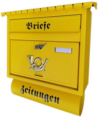 Großer Briefkasten/Postkasten XXL Gelb matt mit Zeitungsrolle Flachdach Katalogeinwurf Zeitungsfach