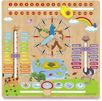 WoodyWood® Kalenderuhr für Kinder - Lernuhr aus Holz, zweisprachig, 30 X 30 cm - Montessori Jahresuhr zum Lernen der Uhrzeit, dem Datum, der Wochentage, Monate, Jahreszeiten und des Wetters