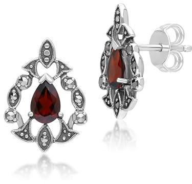 Gemondo USA 925 Sterling Silver Art Nouveau Garnet & Marcasite Earrings
