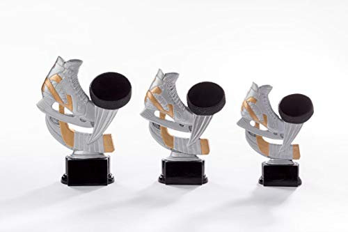Henecka Eishockey-Pokal, Resinfigur Eishockey, Silber mit Gold und schwarz, mit Wunschgravur, Größe 20 cm