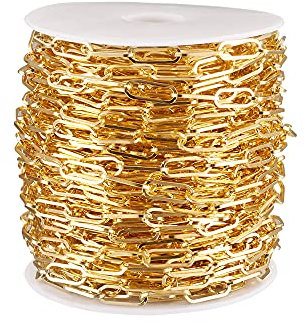 Cheriswelry 25 m lange Büroklammer-Kette Eisenkreuz Kabelkette Goldene ungeschweißte flache ovale Gliederkette mit Spule für Frauen Mädchen Schmuck Halskette Armband Herstellung 15 x 6 mm