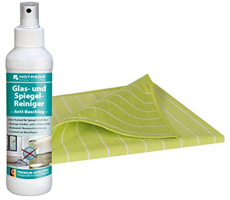 HOTREGA Glas- und Spiegel-Reiniger Anti-Beschlag 250 ml inkl. Glaspoliertuch, Glasreinigung, streifenfrei
