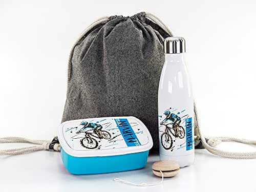 GRAZDesign Geschenk Einschulung Brotdose + Thermo-Trinkflasche personalisiert mit Namen Mountain Biker Sportbeutel, Geschenk zum Schulanfang