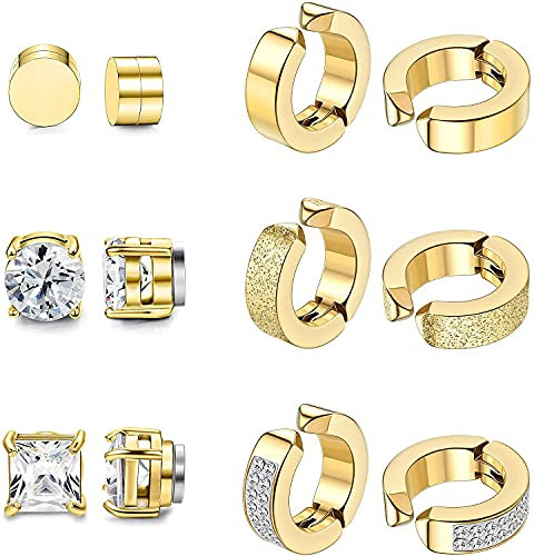 MILACOLATO 6 Paires Boucles D'oreilles Magnétiques Acier Inoxydable Hommes Femmes Boucle D'oreilles Aimant Sans Trou Clous Boucles D'oreilles Clip Non Piercing Zirconium Boucle D'oreille Créoles Or