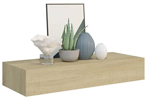 Wandregal mit Schublade, Eichenoptik, 60 x 23,5 x 10 cm, MDF und Metall, für Wohnzimmer, Schlafzimmer oder als Nachttisch