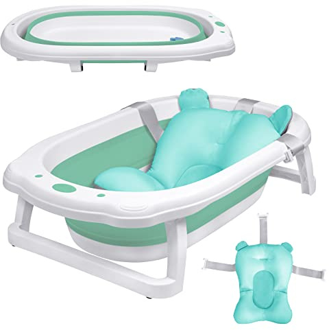 UISEBRT Bañera Plegable de Bebe con Cojin de Baño, Bañera de Bebé, Bañera de Ducha Ergonómico, Antideslizante, para recién nacidos, bebés 0 mes+, Menta