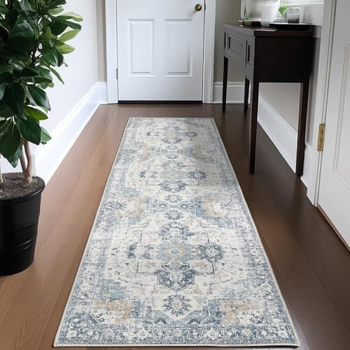 TOPICK Läufer 60x210cm Blau Flur Floral Teppich Waschbar Superdünne Faltbar Vintage Blumenteppich Kurzflor Orientalischer Küchenteppich Eingangsmatte Büro Teppichläufer