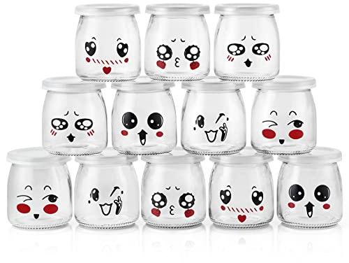 Skelang 12 Pcs Joghurtbecher aus Glas, 200ML Cremeglas mit Plastikdeckel, Dessertgläser zur Aufbewahrung von Milch, Crème brûlée, Mousse, Marmelade, Honig, Joghurt, Pudding