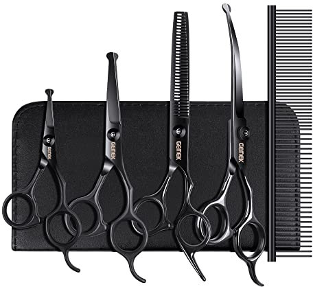 Hundepflegescheren-Set mit runden Sicherheitsspitzen, GEMEK Professionelle 6 in 1 Pflegeschere für Hunde, Titanbeschichtete Hochleistungsschere für Hunde, Katzen und andere Tiere (Schwarz)