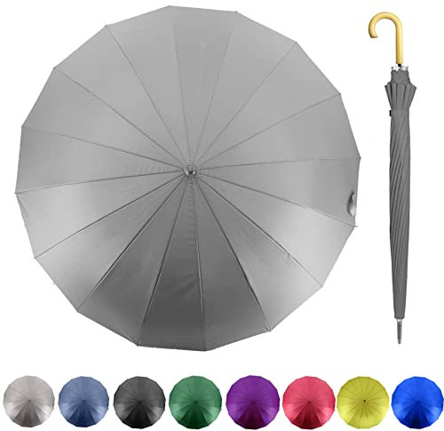 MRTLLOA Winddichter großer Regenschirm, 132 cm, für Regen, 16 Rippen, J-Holzgriff, 210T hochdichter Stoff, Golfstock-Regenschirm (132 cm, grau)