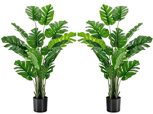 HAPPYGRILL 2-Pack Artificial Monstera Deliciosa Plant, 5FT Faux Plant with Cement Pot, 15 Large Leaves, Decorative Fake Greenery Plants, Indoor & Outdoor Decor for Home Office