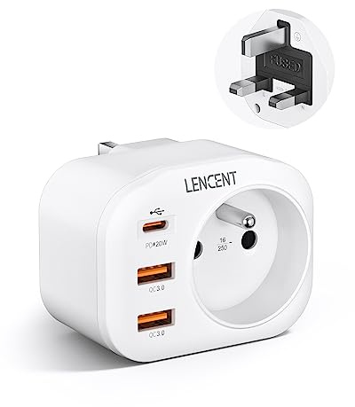 LENCENT Amélioré Adaptateur Prise UK/Anglaise 20W PD+ QC3,0, avec 2 Ports USB et 1 Port USB-C adapté à Angleterre, Irlande, Royaume-Uni, Écosse, Adaptateur électrique Mâle UK/Femelle France, Type G