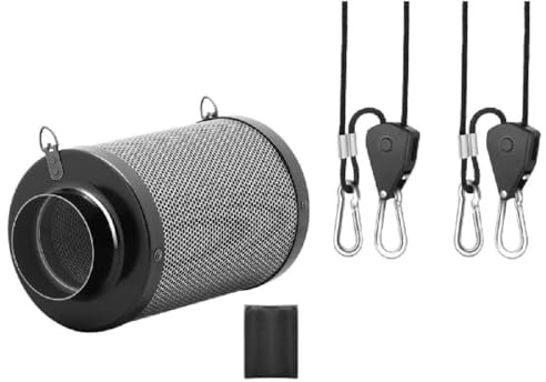 iPower 4 Air Carbon Smelliness Control with Australia Virgin Charcoal, Reversible Flange, Pre-Filter and 1-Pair 1/8 Inch 8-Feet Long Rope, Fit with Inline Duct Fans for Grow Tents
