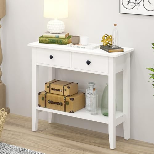 soges Konsolentisch Couchtisch Beistelltisch Sideboard mit 2 Schubladen, Eingangstisch, weiß, für Eingangsbereich, Wohnzimmer, 80 x 34 x 71,5 cm