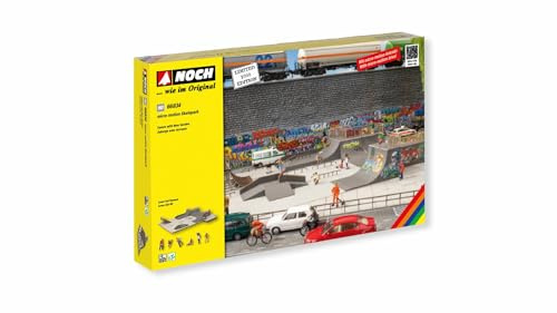 NOCH Micro-Motion Skatepark, mit H0 Modellbau Halfpipe, bewegliche Skater, perfekt für Dioramen und Modellbahnen
