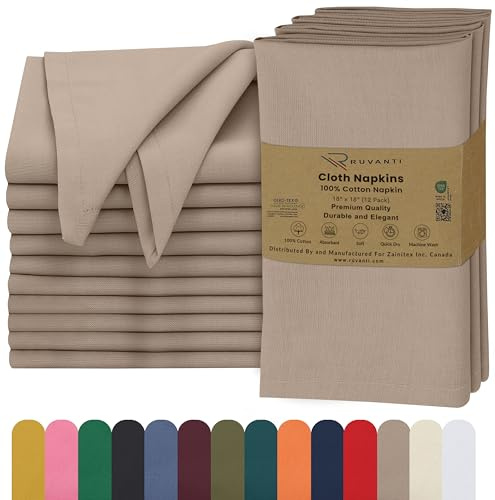 Ruvanti Stoffservietten, 45,7 x 45,7 cm, waschbar, weich und 100% Baumwolle, perfekt für Hochzeit, Weihnachten, Thanksgiving, Abendessen, Helltaupe, 12 Stück