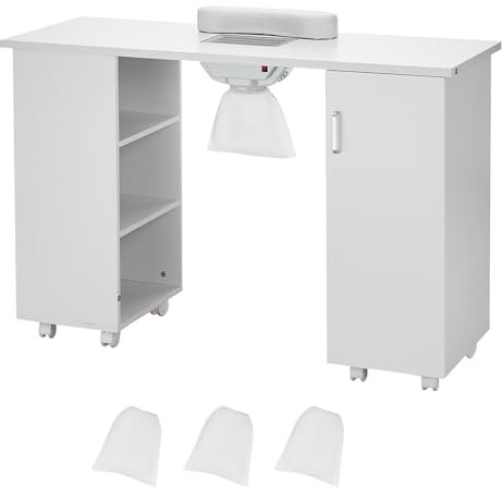 VEVOR Manicure Table, Nail Table Station with Electric Dust Collector, Moveable Nail Tech Desk with 8 Wheels (8 Lockable), 3 Dust Bag & Wrist Rest, MDF Nail Art Workstation for Spa Beauty Salon, White