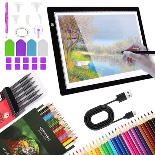 Tablette Lumineuse A4, avec Câble USB, Luminosité Réglable, Crayons de Couleur, Crayons Graphites, Diamond Painting Accessoires, Pour Esquisse et Dessin, Calligraphie, Peinture Diamant, Aux Rayons X