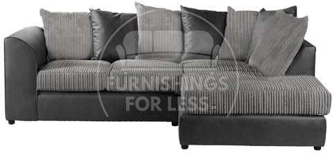 Furnishings For Less UK Luxor L Shaped 4 Seater Corner Sofa Black and Grey Jumbo Cord Leather Like Scatter Back Deep Seated Foam (Right Hand Facing Corner Sofa)