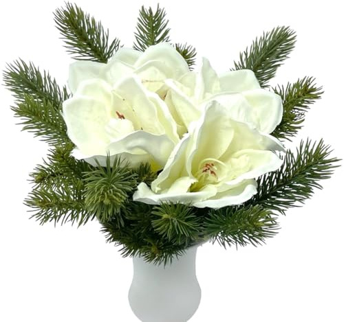 naninoa Künstlicher Adventsstrauß, Weihnachtsgesteck mit Amaryllis und Tannenzweige, Tischdekoration, künstliches Blumengesteck für Winter. Weihnachtsdekoration Weiß
