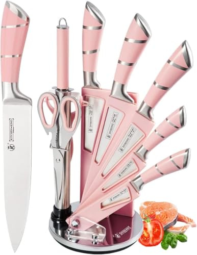 9-tlg Messerset mit Drehbare Acryl Messerblock, Rosa Sharp Antihaft Beschichtete Kochmesser Block Set,Edelstahl Messer Set für Küche mit Schärfer zum Schneiden Schneiden Würfeln Hacken (Rosa)